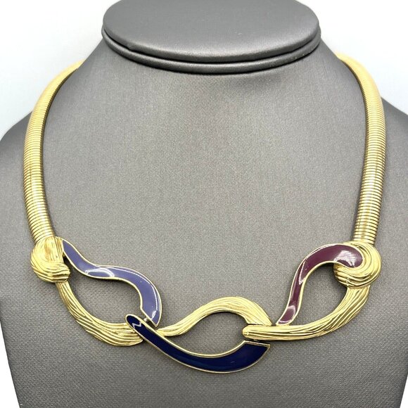 Vintage TRIFARI Necklace Blue Enamel Omega Chain Gold Tone 17" - Picture 5 of 10